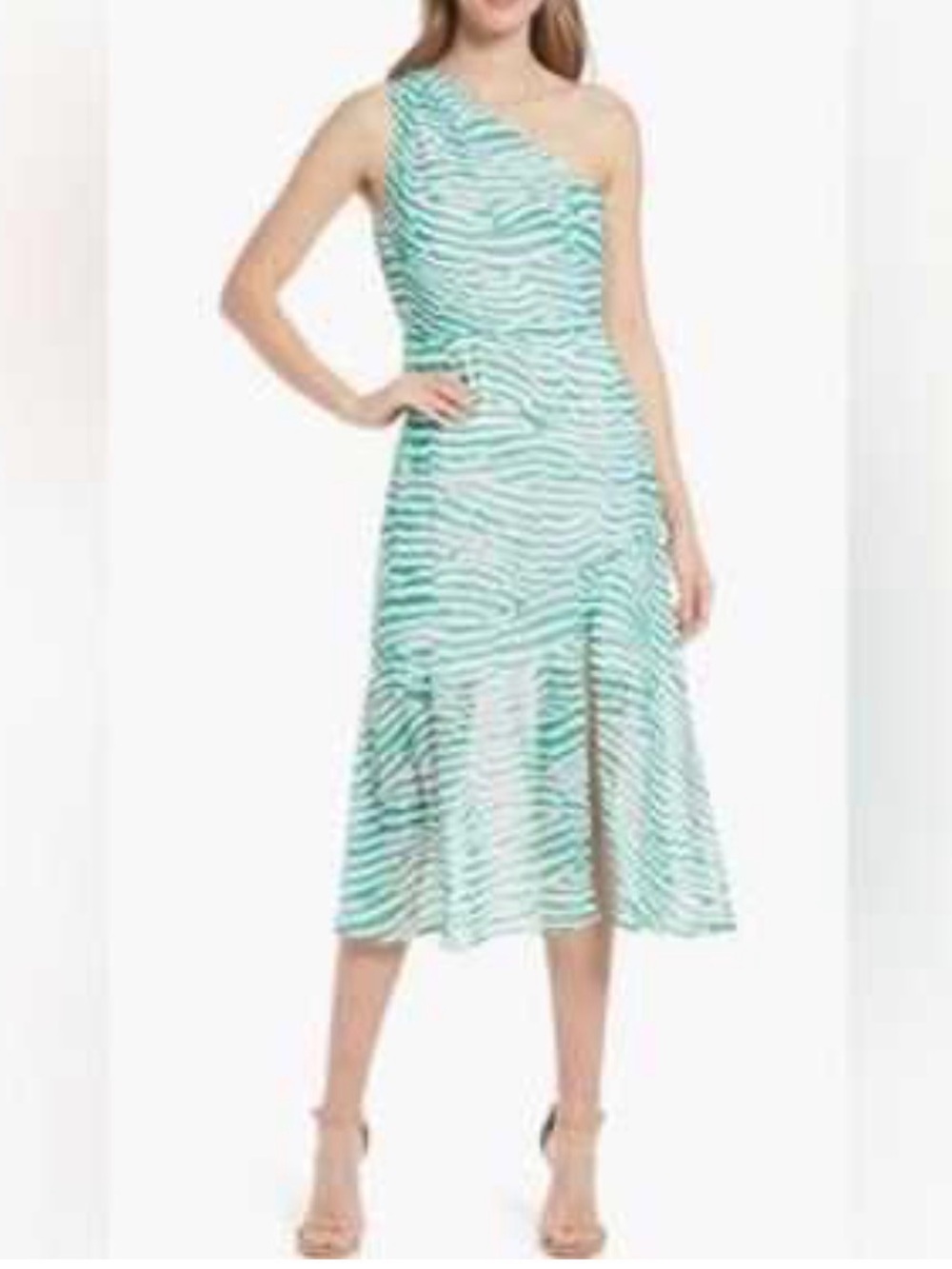 Sam Edelman Green & White Zebra Striped One Shoulder Dress in Women’s Sz 6